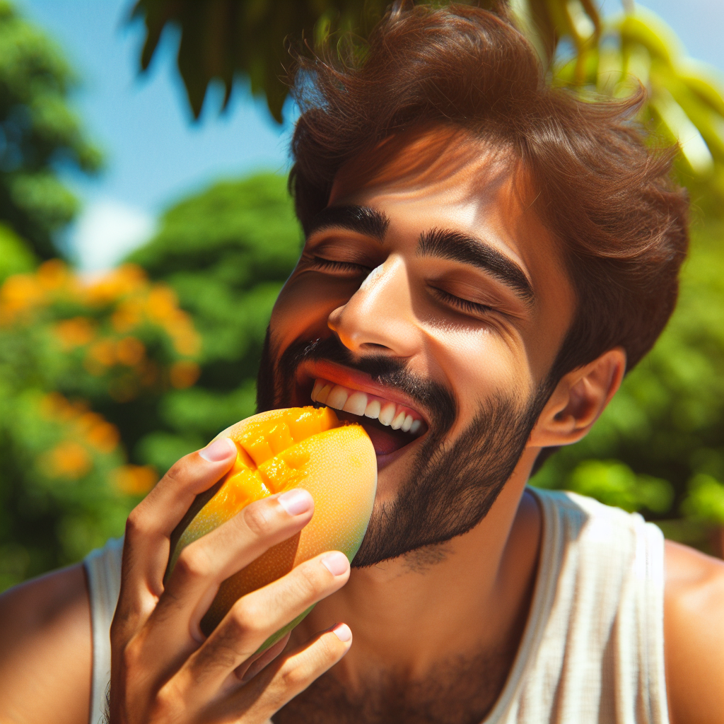 An indian man eating mango