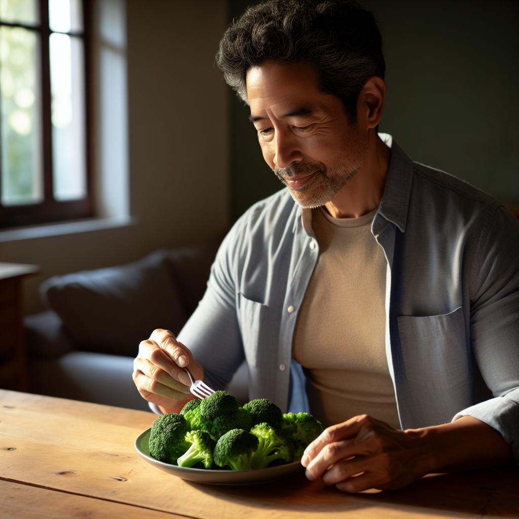 a man eating broccoli